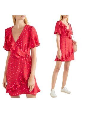 Rebecca Vallance Flores ruffled printed faux wrap mini dress, size 0, red white